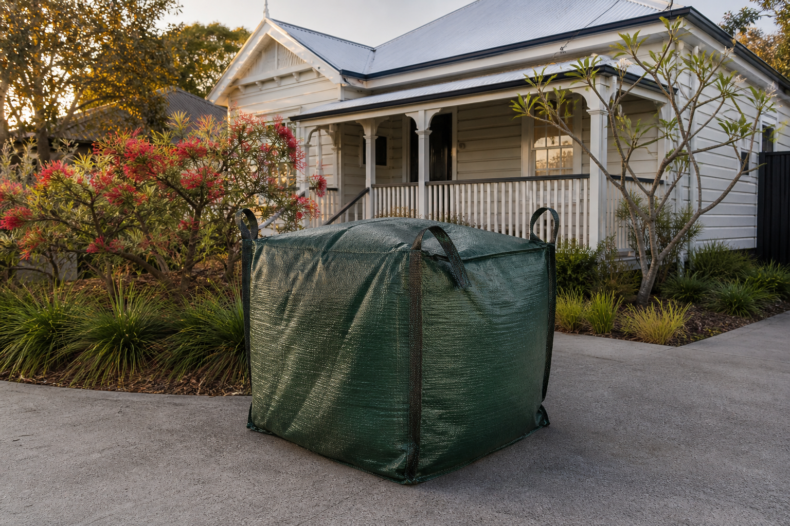 A green skip bag on a Brisbane suburban driveway
